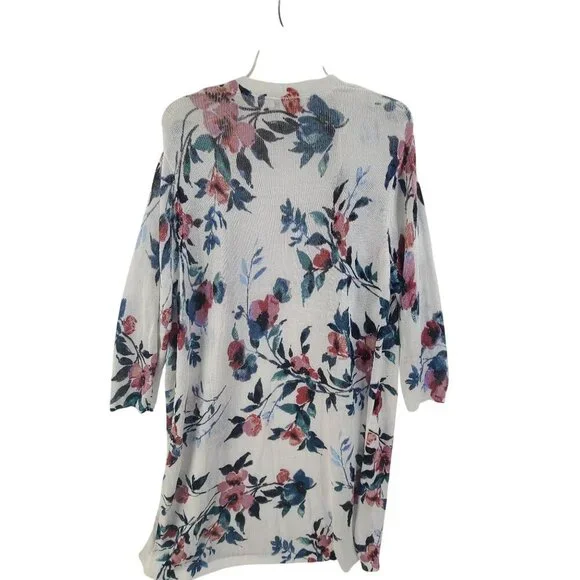J. Jill Floral Linen Open Duster Cardigan Size Large White Spring Watercolor - Picture 7 of 10